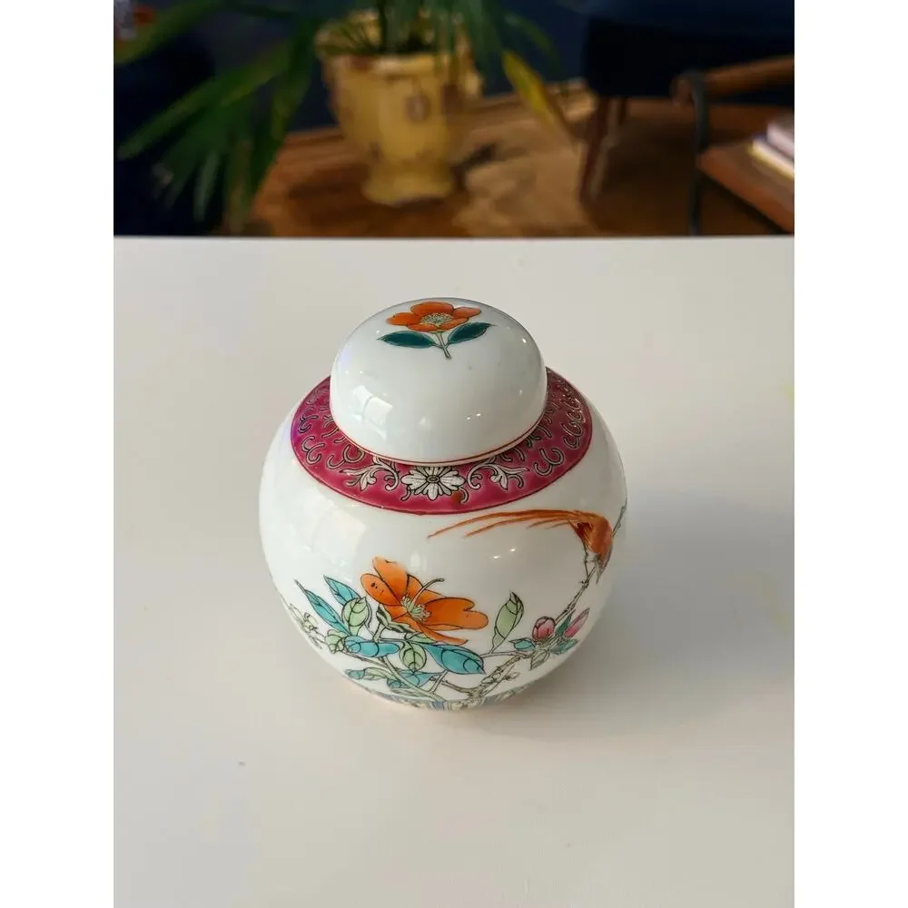 Vintage Chinese Famille Rose Ginger Jar Bird Floral Calligraphy Jingdezhen 4.5